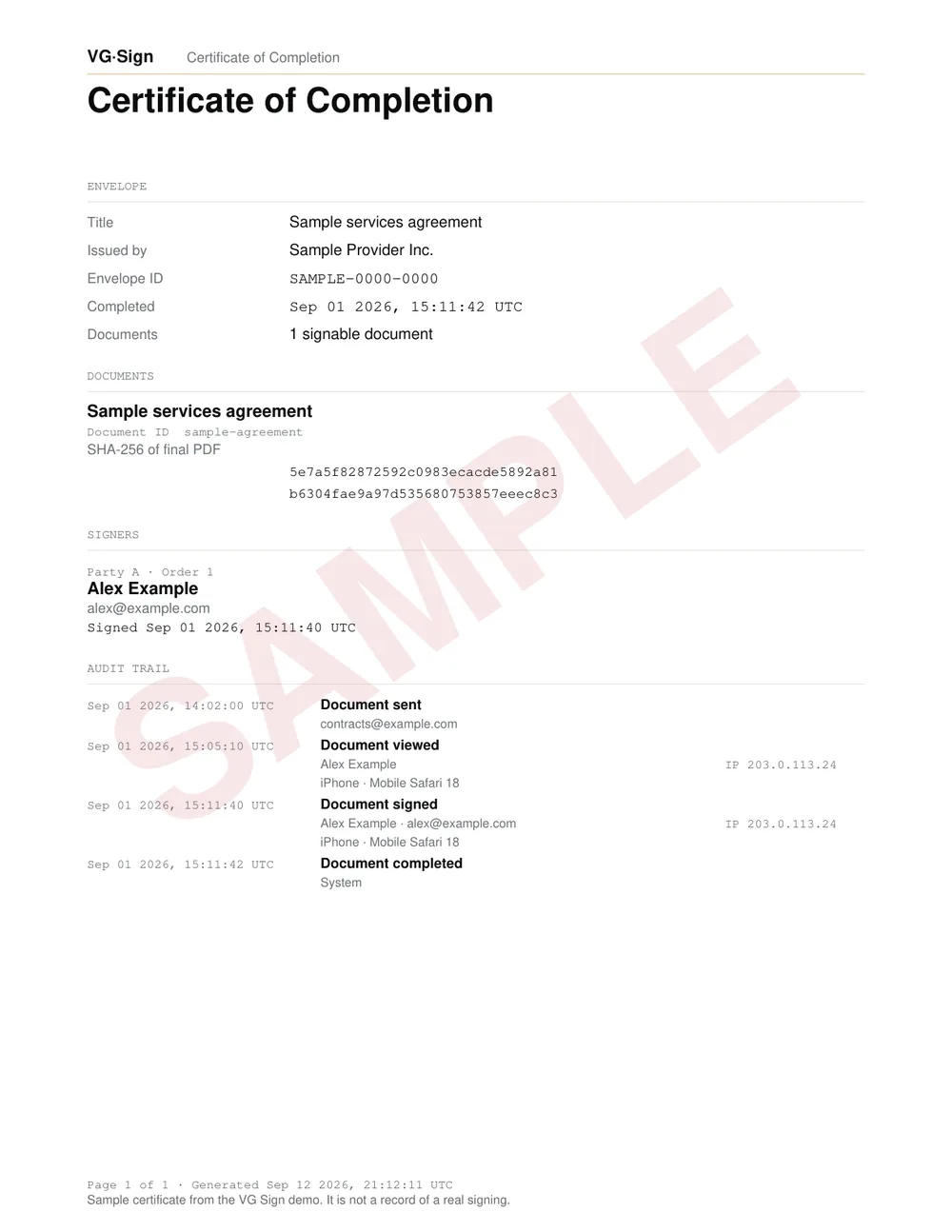 A sample certificate of completion